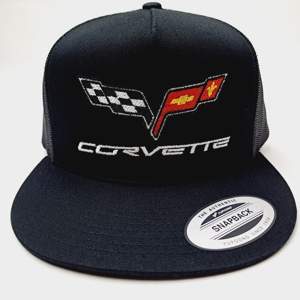 Chevy Corvette Flat Bill Trucker Mesh Snapback Hat Cap Black Embroi…